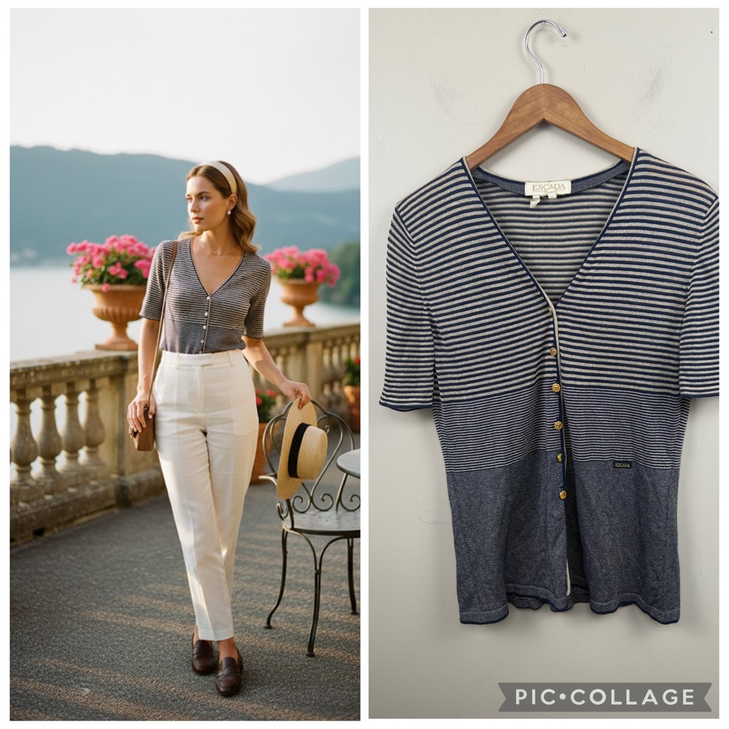 Escada Vintage Blue And White Striped V Neck Knit Short Sleeve Button Up Top